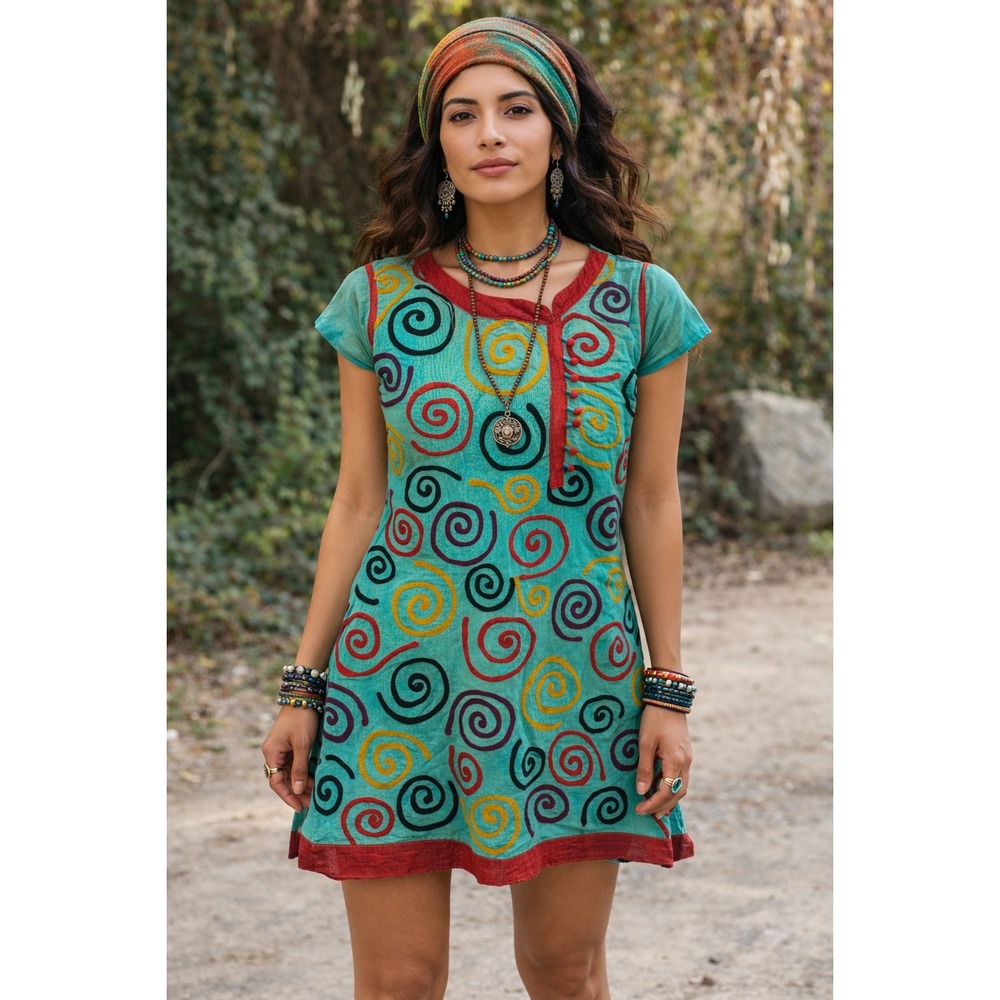Embroidered‎ Swirl Dress Sz Medium-Large Colorful Boho Festival Green Red Lined